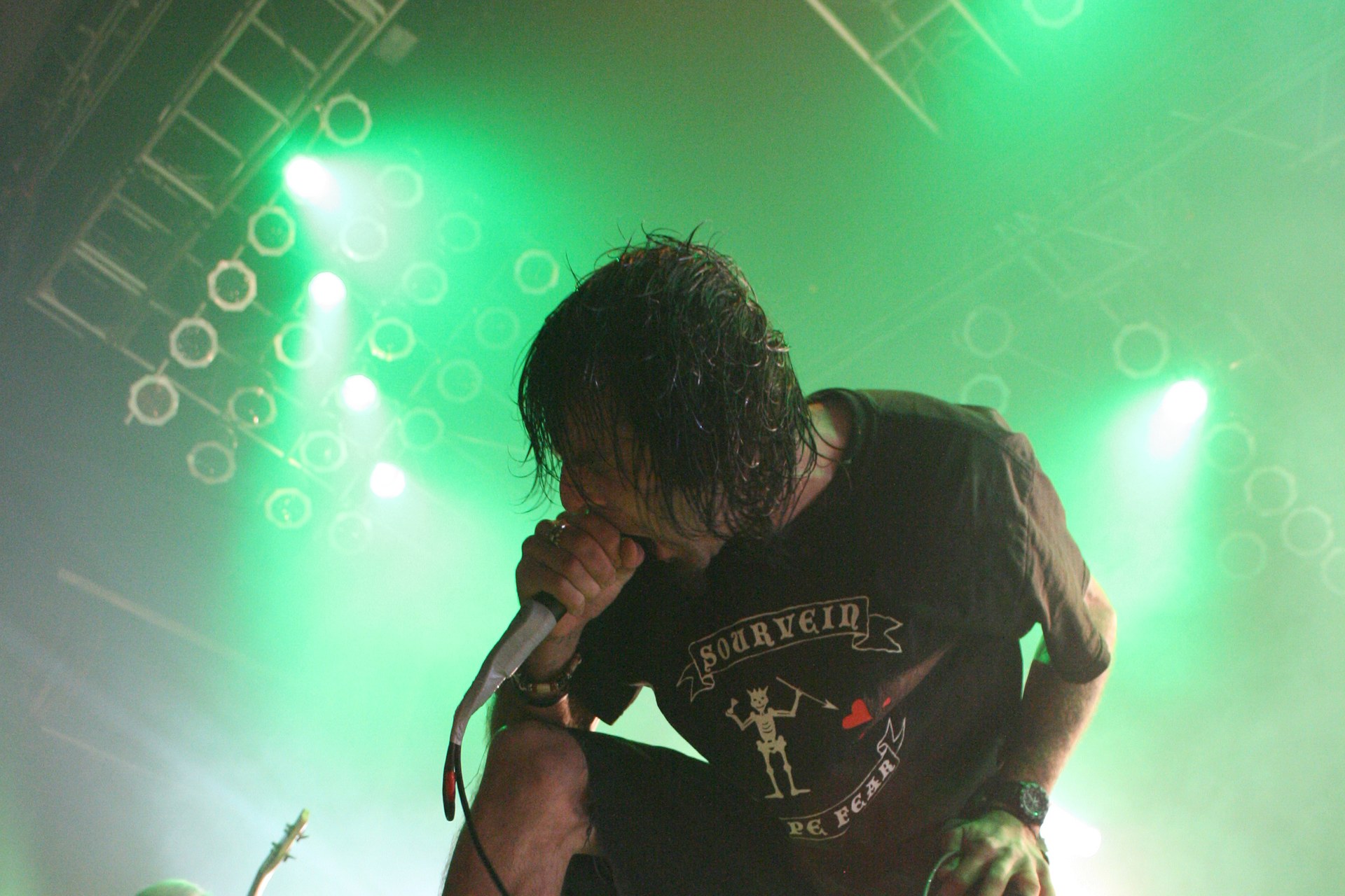 Randy Blythe of Lamb of God performing on stage under green concert lights